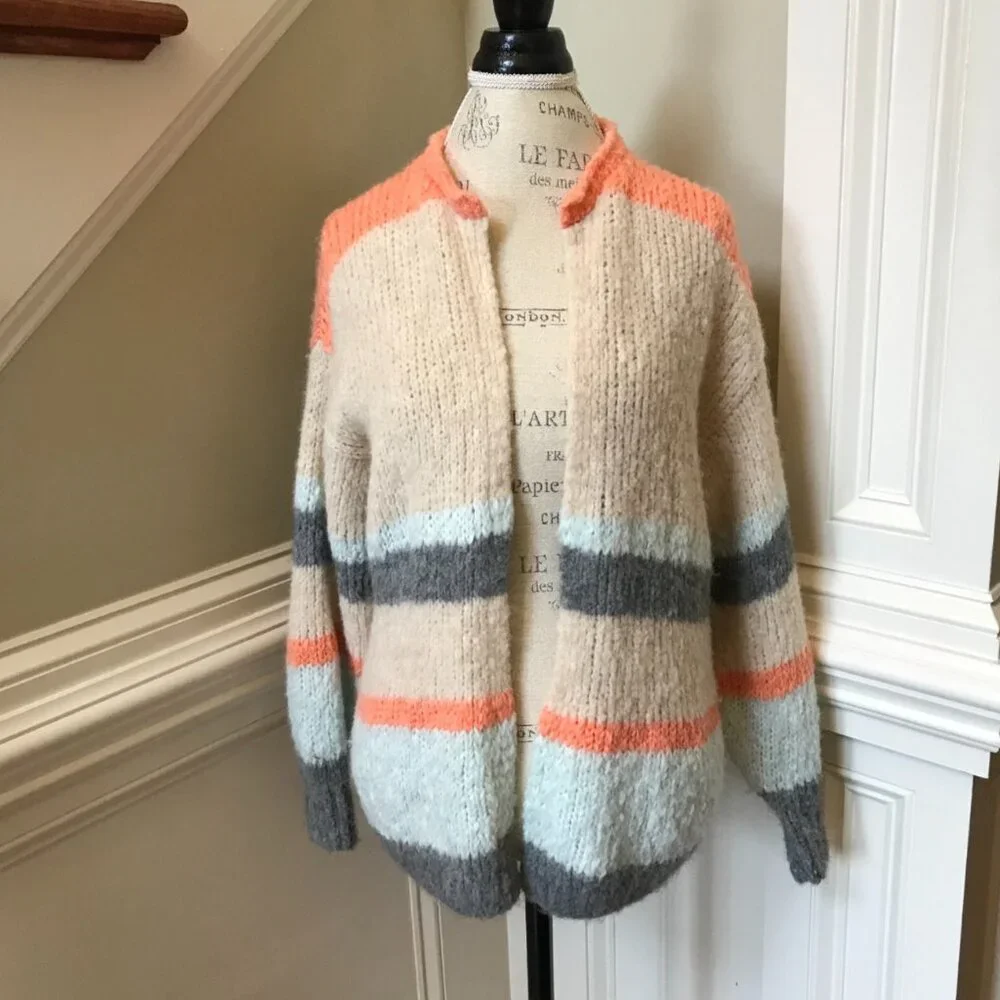 Anthropologie Sita Murt Cardigan Sweater Womens 38 Medium Cream Gray Stripe Knit - Picture 2 of 11